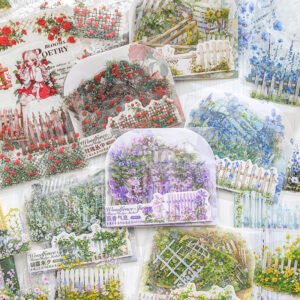 30 sheets Wooden Fence Spring Series Flower Fence Landscape PET Cut Film Stickers