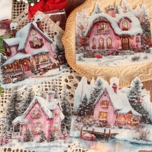 Custom Die Cut 12sheets PET Watercolor Pink Christmas Cottage Large Self-adhesive Sticker for Holiday Decorations