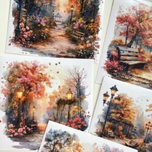 Custom Die Cut PET Watercolor Vintage Cherry Blossom Park Large Size Stickers – Any 5 Sheets (Buy 2 for Full Set)